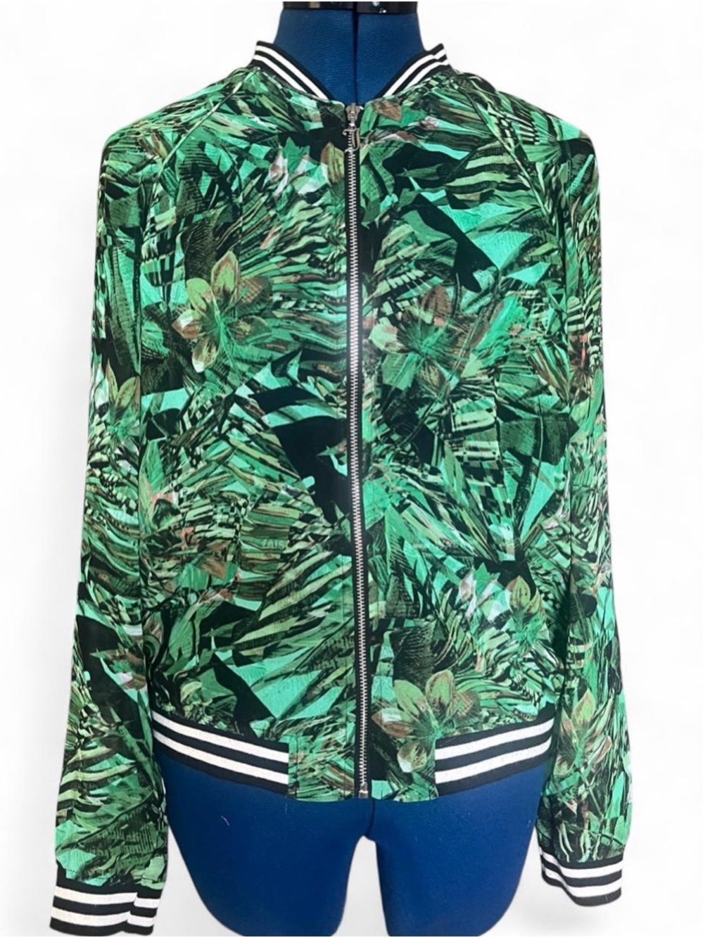 Juicy Couture Green Tropical Print Sheer Bomber Jacket with Black and White Trim